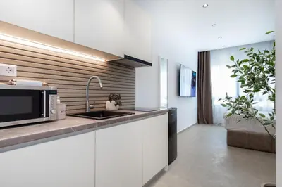 a kitchen with a sink and a microwave at O Suite - 105 in Athens