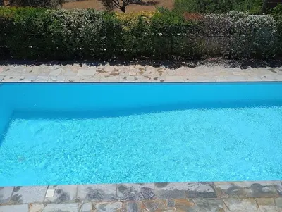 a blue swimming pool in front of some bushes at Anemelia & Helios Studio in Anavissos