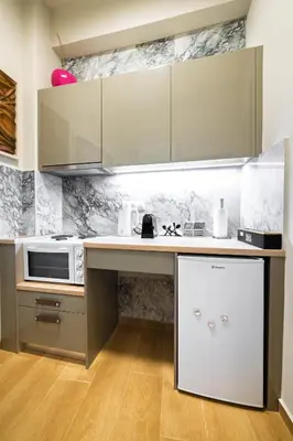 a kitchen with a counter with a microwave and a stove at Regal Studio Athens in Athens