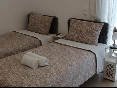 two beds sitting next to each other in a room at Akrivis studio in Athens