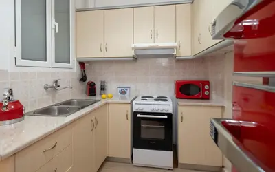 a kitchen with a stove and a sink and a microwave at Encrin Apartment by LobbySquare in Athens