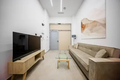 a living room with a couch and a flat screen tv at Studio Terra in Athens