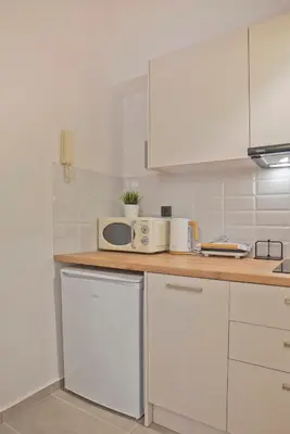 a kitchen with white cabinets and a white microwave at Historic Boutique Apartment in Artists' Kipseli in Athens