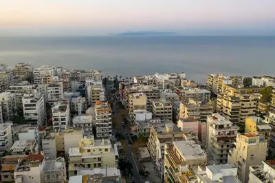 an aerial view of a city with the ocean at Bright 2 bedroom apartment in Palaio Faliro in Athens