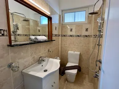 a bathroom with a sink and a toilet and a mirror at Panoramic Penthouse in Athens