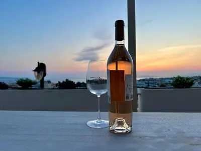 a bottle of wine and a glass on a table at Panoramic Penthouse in Athens