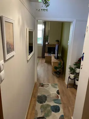 a hallway with a rug on the floor at Cozy Acropolis backyard haven in Athens