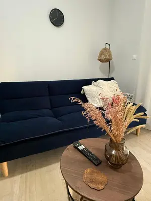 a living room with a blue couch and a table at Andys house in Athens