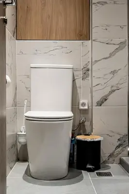 a white toilet in a bathroom with a shower at Shiny Santorini Apartment in Piraeus