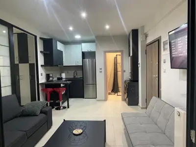 a living room with a couch and a kitchen at Chris375flat-ParkOperaOnasioRea in Athens