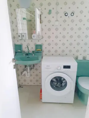 a bathroom with a washing machine and a sink at \u96c5\u5178\u6d77\u6ee8\u516c\u5bd3 in Athens