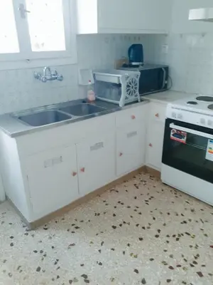 a white kitchen with a sink and a microwave at \u96c5\u5178\u6d77\u6ee8\u516c\u5bd3 in Athens