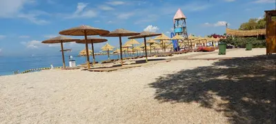 a beach with many umbrellas and the ocean at Christina's Home in Athens