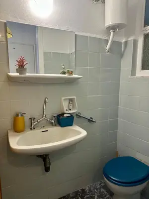 a bathroom with a sink and a blue toilet at Sunshine Apartment in Palaiá Fókaia