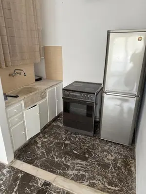 a kitchen with a stove and a refrigerator at Sunshine Apartment in Palaiá Fókaia