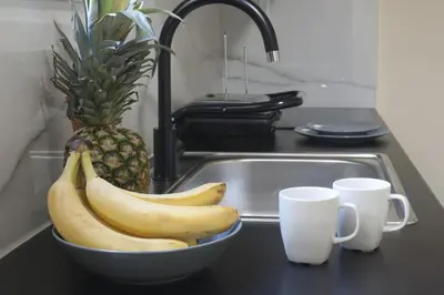 a bowl of bananas in a sink next to a pineapple at Ano Patisia, A 5th Floor Fully Renovated Penthouse in Athens