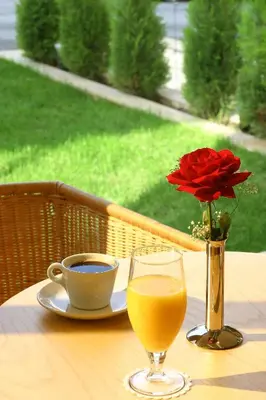 a table with a cup of coffee and a vase with a rose at Blue Sea Hotel Alimos in Athens