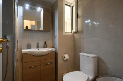 a bathroom with a toilet and a sink and a mirror at Patision cinema apartment in Athens