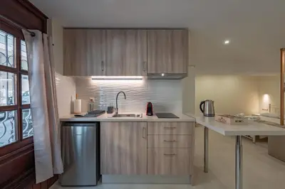 a kitchen with wooden cabinets and a sink at Kynos Athens Studio in Athens