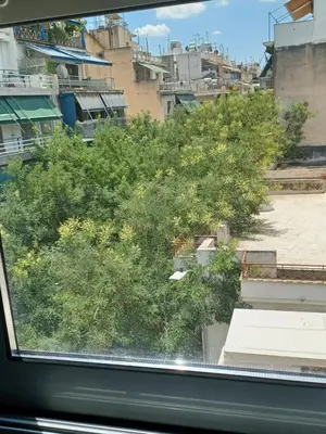 a view of a tree from a window at Family station in Athens