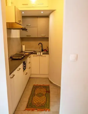 a kitchen with white cabinets and a rug on the floor at The Fig Tree Flat in Athens