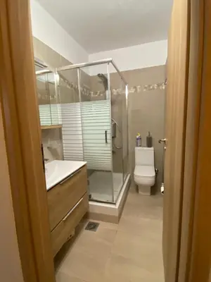 a bathroom with a shower and a sink and a toilet at EUPHORIA Pool Villa in Porto Rafti
