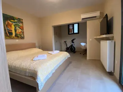 a bedroom with a bed and a television in it at EUPHORIA Pool Villa in Porto Rafti