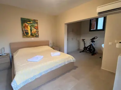 a bedroom with a bed and a exercise bike at EUPHORIA Pool Villa in Porto Rafti