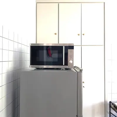 a microwave sitting on top of a refrigerator at Sunlit and cosy apartment in Athens