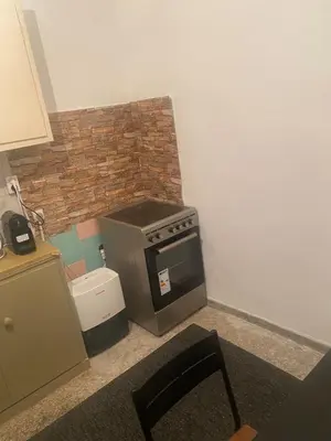 a kitchen with a stove and a brick wall at Center Hilton Area in Athens