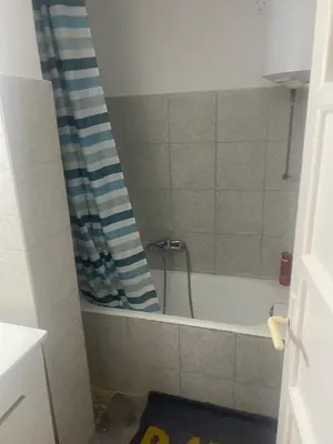 a bathroom with a bath tub with a shower curtain at Center Hilton Area in Athens