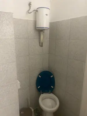 a small bathroom with a toilet with a blue seat at Center Hilton Area in Athens
