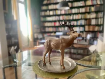 a small toy deer on a glass table in a library at Classic Athenian apartment in Athens