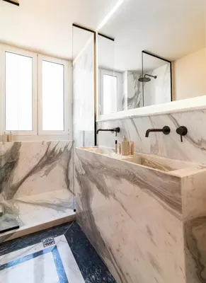 a bathroom with two sinks and a mirror at Acropolis 1910s Neoclassical Gem Marble Bathrooms in Athens