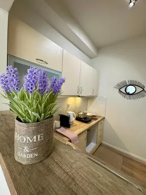 a vase of purple flowers sitting on a counter in a kitchen at Athens Nest in Athens