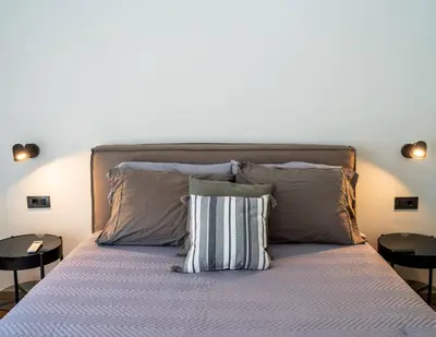 a bedroom with a bed with two pillows at The halcyon house in Athens