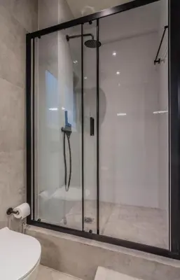 a glass shower in a bathroom with a toilet at Luxurius Studio Near Plaka & Acropolis 4 in Athens