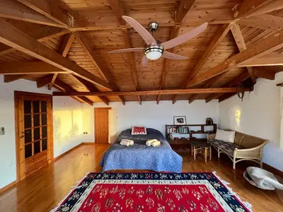 a bedroom with a bed and a ceiling fan at Seaview Haven in Sounio