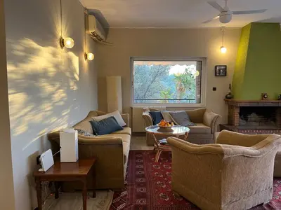 a living room with two couches and a fireplace at Seaview Haven in Sounio