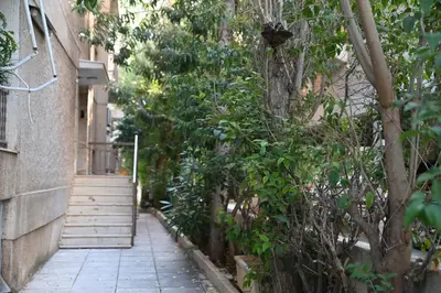 an alley with stairs and trees next to a building at Athénée Retreat in Athens