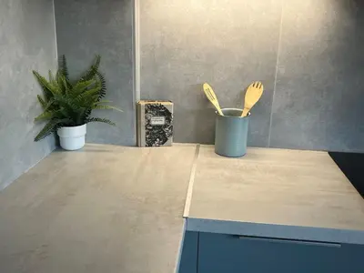 a kitchen counter with two utensils and a plant at Christiana Luxury Apartments in Palaiá Fókaia