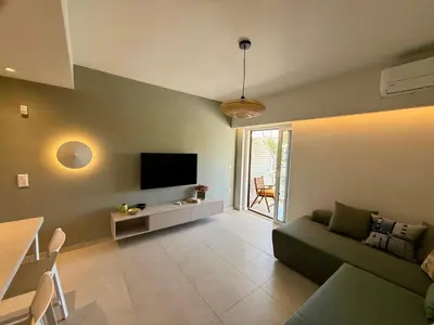 a living room with a couch and a television at Diana Seaside Apartment in Anavissos