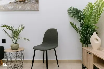 a chair sitting in a room with two plants at Danae's - Luxury & Modern Apartment in Egaleo-Athens in Athens