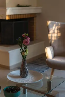 a vase with flowers on a table in a living room at Βίλα Λαγονήσι in Kalívia Thorikoú