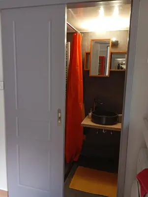 a bathroom with an orange shower curtain and a sink at Lemon tree's House in Athens in Athens