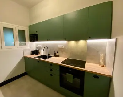 a kitchen with green cabinets and a sink at Elegant apartment in Kypseli in Athens