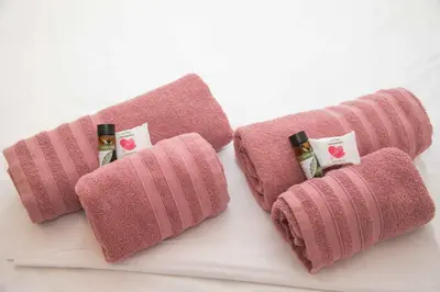 a pair of pink towels on a white plate at Ilissos Harmony Apartment in Piraeus