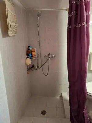 a shower with a purple shower curtain in a bathroom at Rooftop bliss in Athens