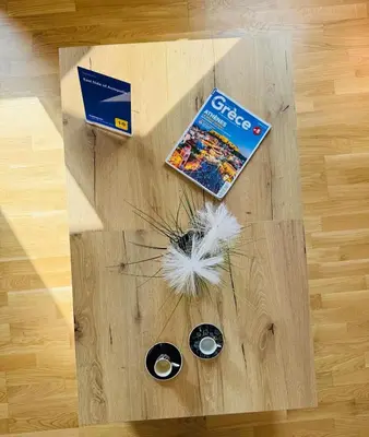 a wooden table with a book and a dandelion on it at East Side of Acropolis in Athens