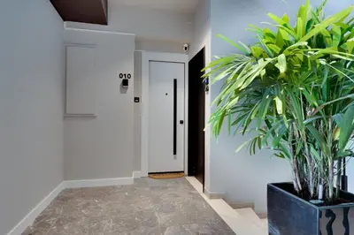 a hallway with a door and a potted plant at Skyline Spa Athens 010 in Athens